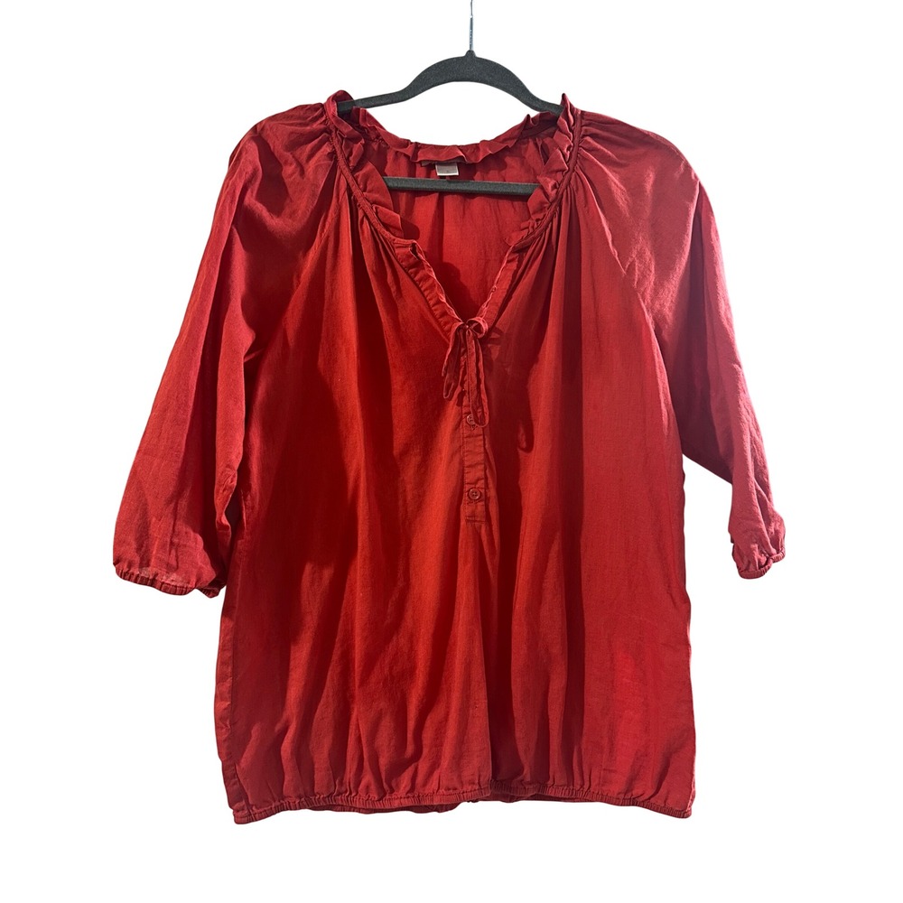 Loft Womens Rust Ruffle Neck Tie Front 3/4 Sleeve Peasant Blouse Small Loose Fit